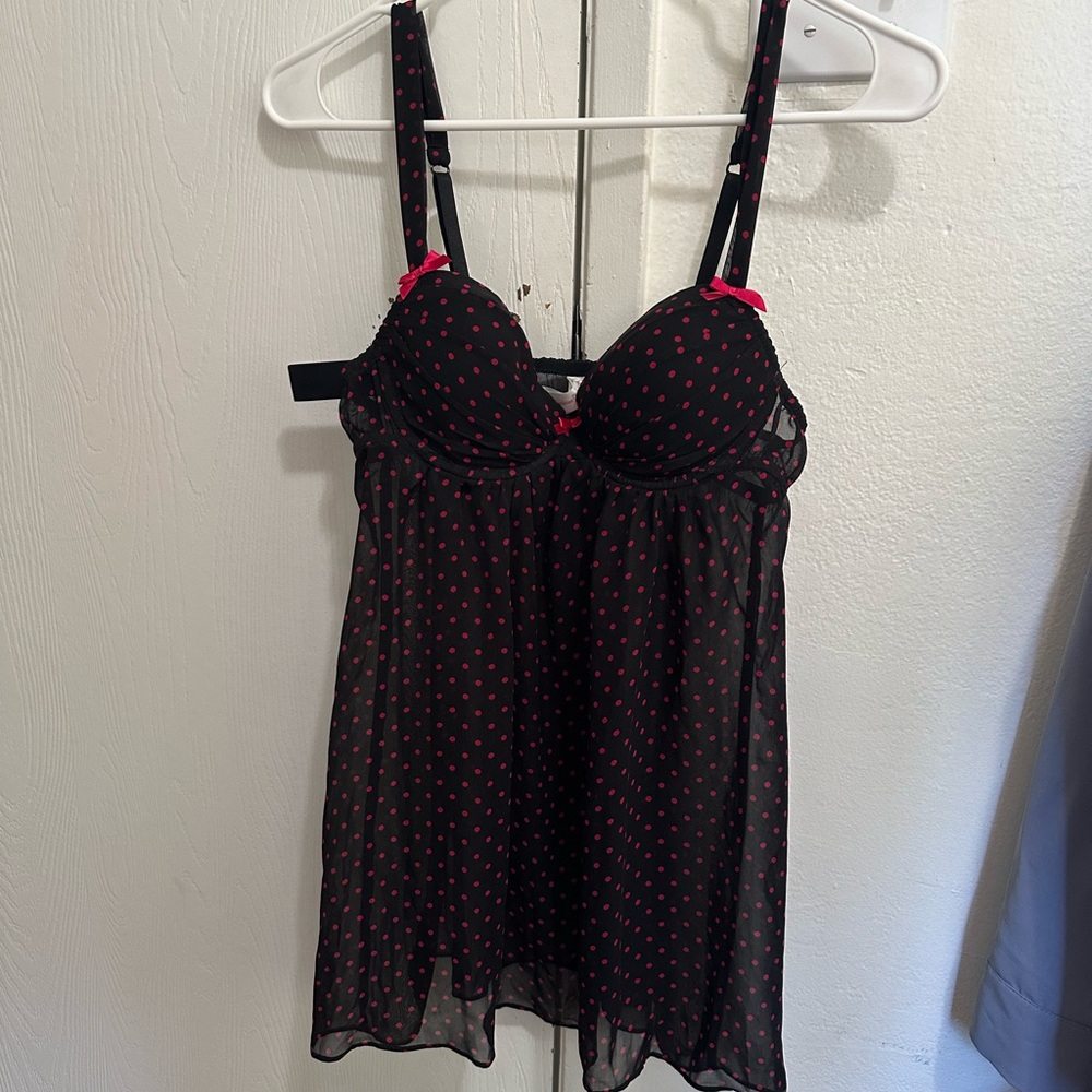 Black and Pink Polka Dot Sheer Babydoll Lingerie
